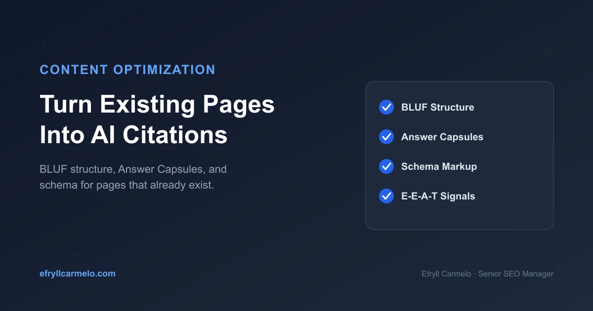 Content optimization by Efryll Carmelo using BLUF structure, Answer Capsules, schema, and E-E-A-T