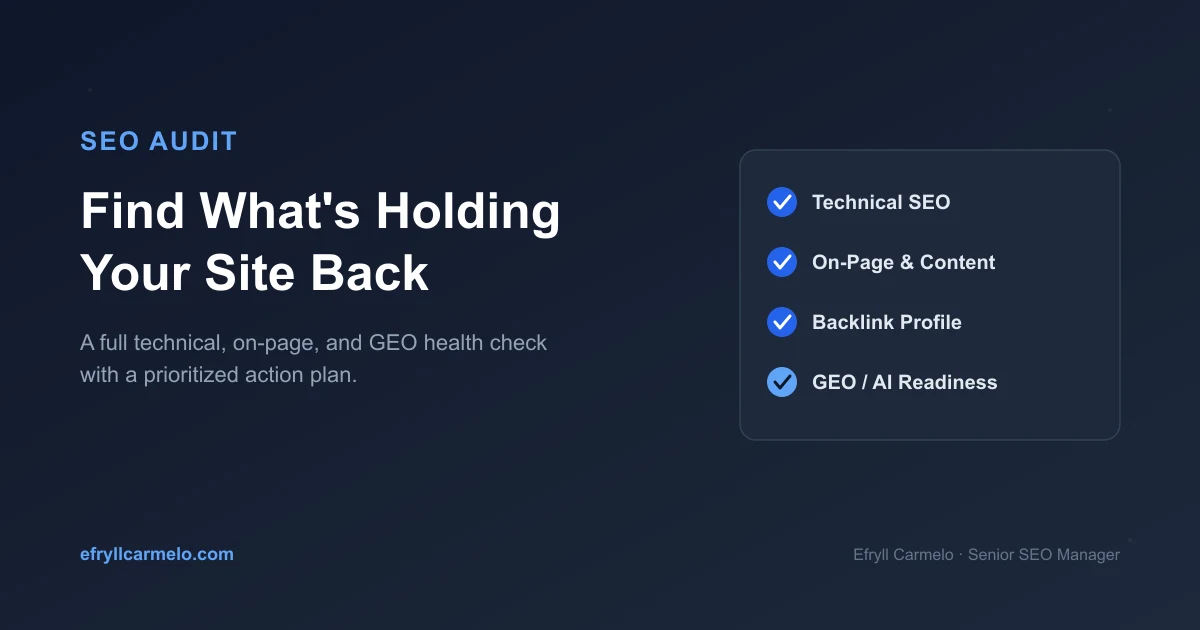 SEO audit checklist by Efryll Carmelo covering technical SEO, on-page, backlinks, and GEO readiness